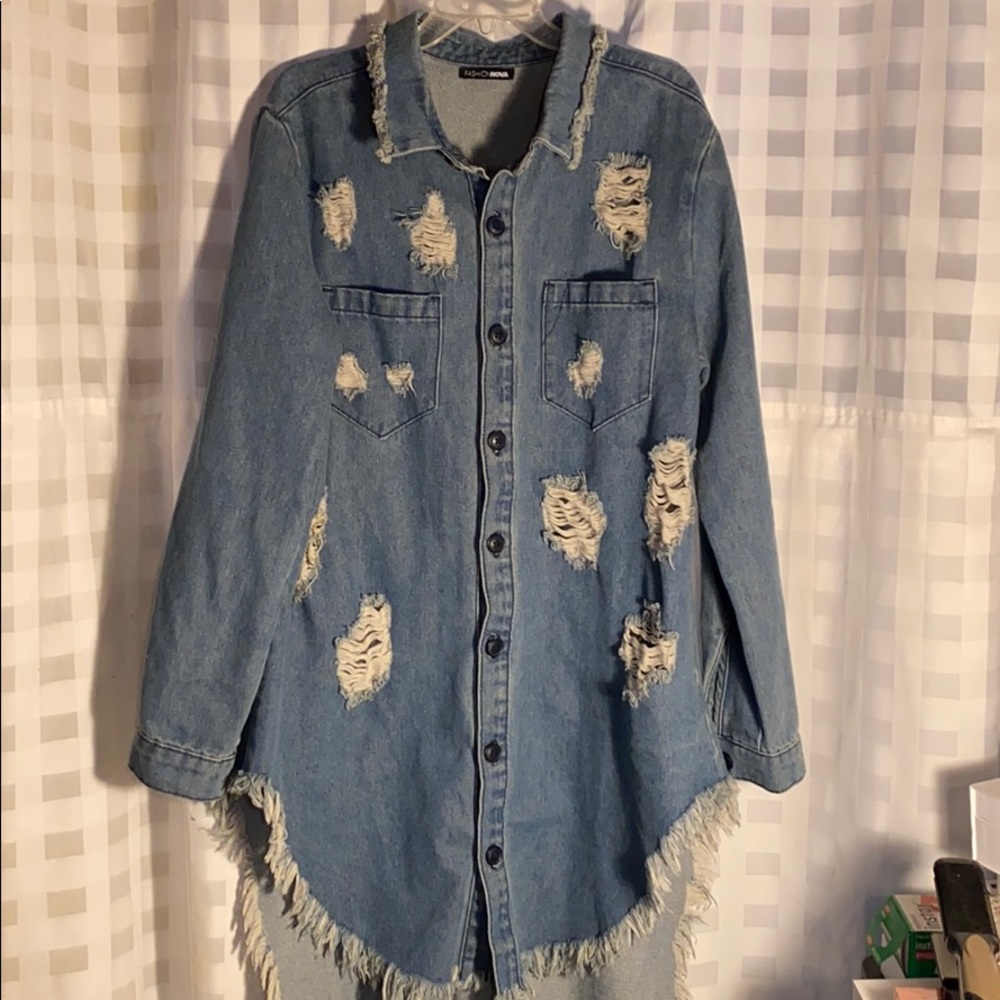 Denim distressed high low dress
